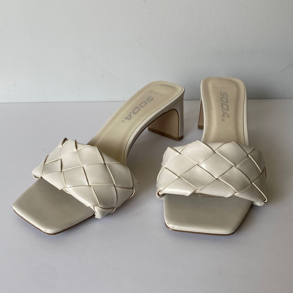 Soda braided vegan leather slip on heel white sandals
